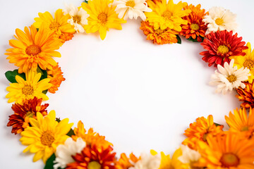 Yellow and orange flower frame layout with text space, copy space. Wedding concept, Birthday concept, Congratulations concept. Women's Day, Mother's Day, Valentine's Day. Generative AI.