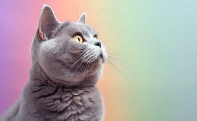 Charming British Shorthair Cat against a bright pastel background. Generative AI.