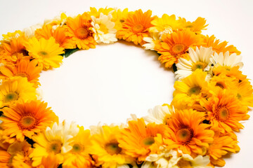 Obraz premium Yellow and orange flower frame layout with text space, copy space. Wedding concept, Birthday concept, Congratulations concept. Women's Day, Mother's Day, Valentine's Day. Generative AI.