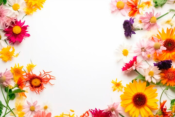 Vivid summer flower frame layout with text space, copy space. Wedding concept, Birthday concept, Congratulations concept. Women's Day, Mother's Day, Valentine's Day. Generative AI.