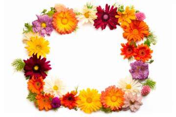 Obraz premium Vivid summer flower frame layout with text space, copy space. Wedding concept, Birthday concept, Congratulations concept. Women's Day, Mother's Day, Valentine's Day. Generative AI.