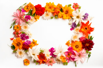 Fototapeta premium Vivid summer flower frame layout with text space, copy space. Wedding concept, Birthday concept, Congratulations concept. Women's Day, Mother's Day, Valentine's Day. Generative AI.