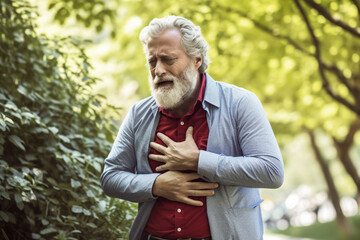 Mature age man showing strong signs of congestion or chest pains while walking in the park, warmly dressed for cooler weather. Developed with generative ai