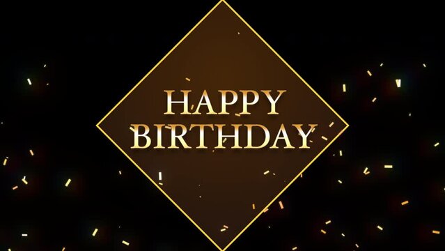 Happy Birthday with flying gold confetti on black gradient, motion holidays and promo style background