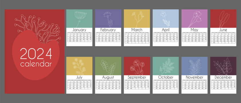 Simple calendar with floral and plants element for 2024 in vertical A4 format.12 months and cover. With place for notes. Week starts on Sunday. Isolated on grey background. - Powered by Adobe