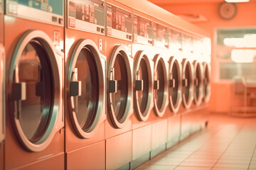Row of industrial public laundry, washing machines in laundromat. 
