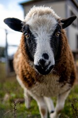 Fototapeta premium Vertical shot of a furry sheep beside walking on the grass in a bokeh background