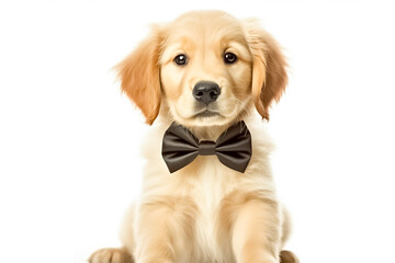 Adorable golden retriever puppy wearing a bow tie in front of a white background.
