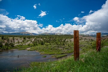 View of a lake and a green landscape under the blue sky with clouds in Colorado