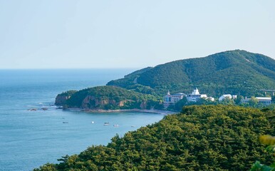 Obraz premium Beautiful view of green vegetation with traditional houses by the blue sea under blue sky