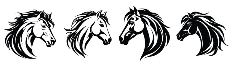 Set of horse's head vector silhouettes. Black tattoo illustration. Suitable for logo art.