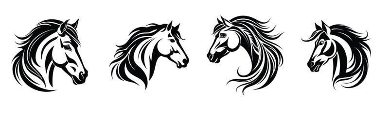 Set of horse's head vector silhouettes. Black tattoo illustration. Suitable for logo art.