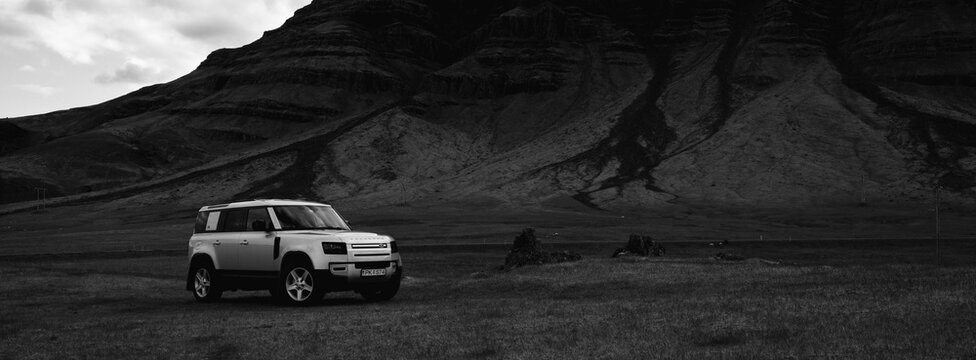 Black and white of Land Rover Defender in Iceland.