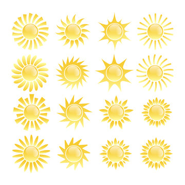 A set of sun icons. Collection of yellow sun star icons. Summer, sunshine, nature, sky. The vector illustration is isolated on a white background.
