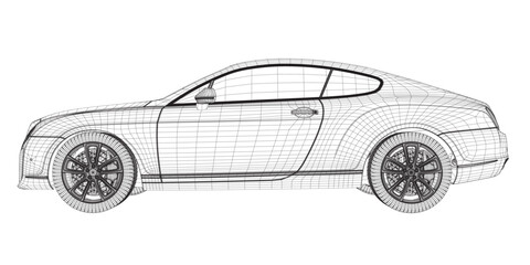 Fototapeta premium Coloring page vector line art for book and drawing. Black wireframe illustrate Isolated on white background. High speed drive vehicle. Graphic element. Illustration car. Stroke without fill. 3D..
