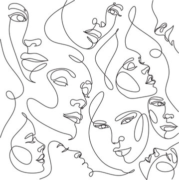Abstract Seamless Pattern line art, drawing of faces, fashion minimalist concept, vector illustration. Modern fashionable contemporary illustration