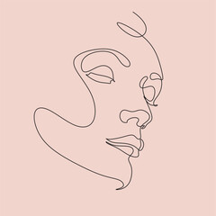 Woman Line Art Minimalist Logo. Nature Organic Cosmetics Makeup. Flower head Feminine Illustration line drawing. Woman face with flowers line