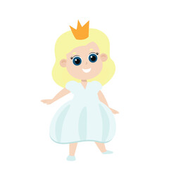 Little princess girl in crown in cartoon style isolated on white background. The girl has blond hair and a lush dress.