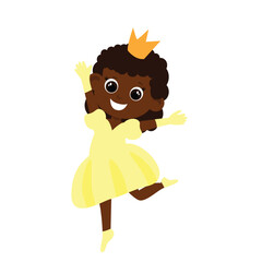 Little princess in crown in cartoon style isolated on white background. The girl has tight hair and a lush dress.