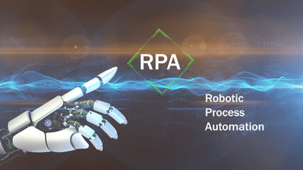 Robotic Process Automation system network concept. Robot arm finger using digital RPA communication interface.