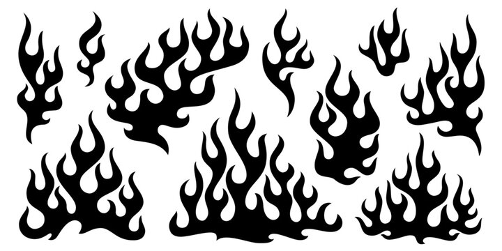 Y2K style fire, set of isolated flame elements inspired by tribal and tattoo design. Ideal for 2000s aesthetics, graphic and web design, apparel, album covers, posters. Abstract vector flame shapes