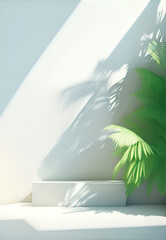 Empty minimal white podium, soft beautiful dappled sunlight, tropical palm leaves shadow on the wall, 3D background