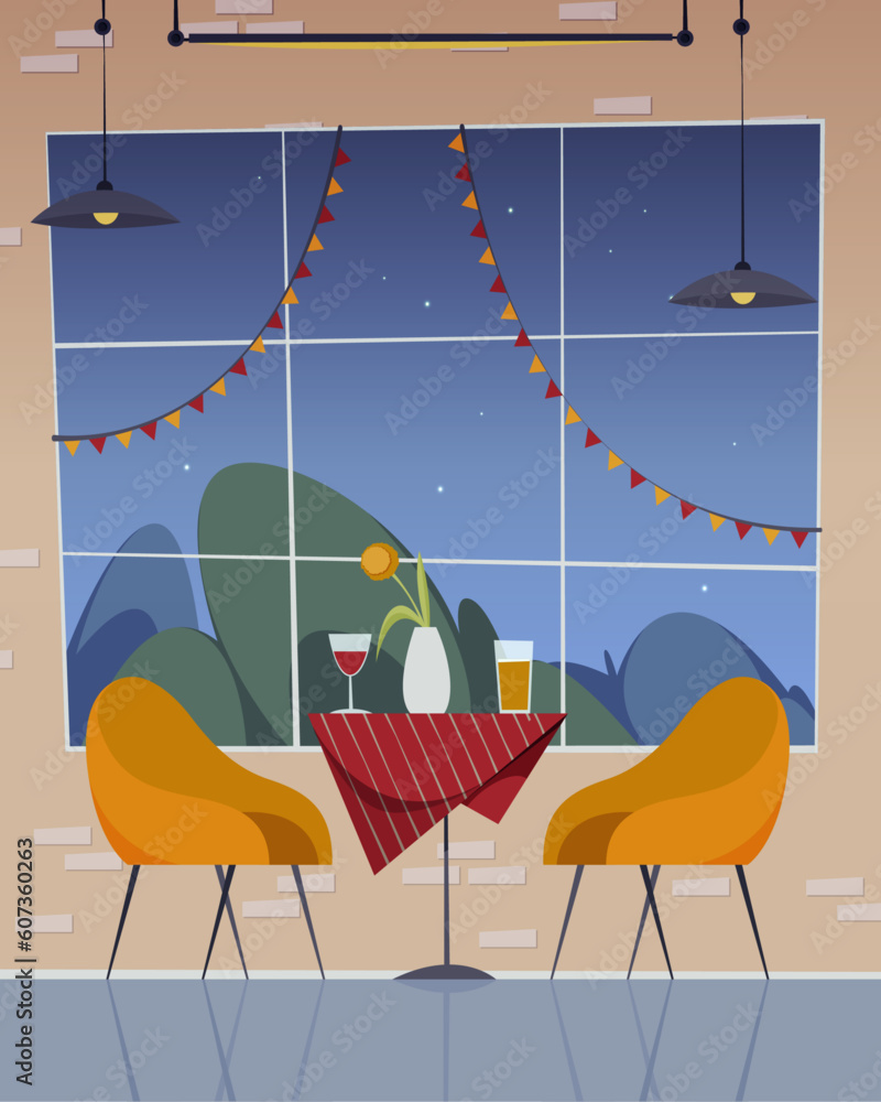 Poster cafe shop interior with served table with alcohol drinks, big window and lights. lounge bar with tab