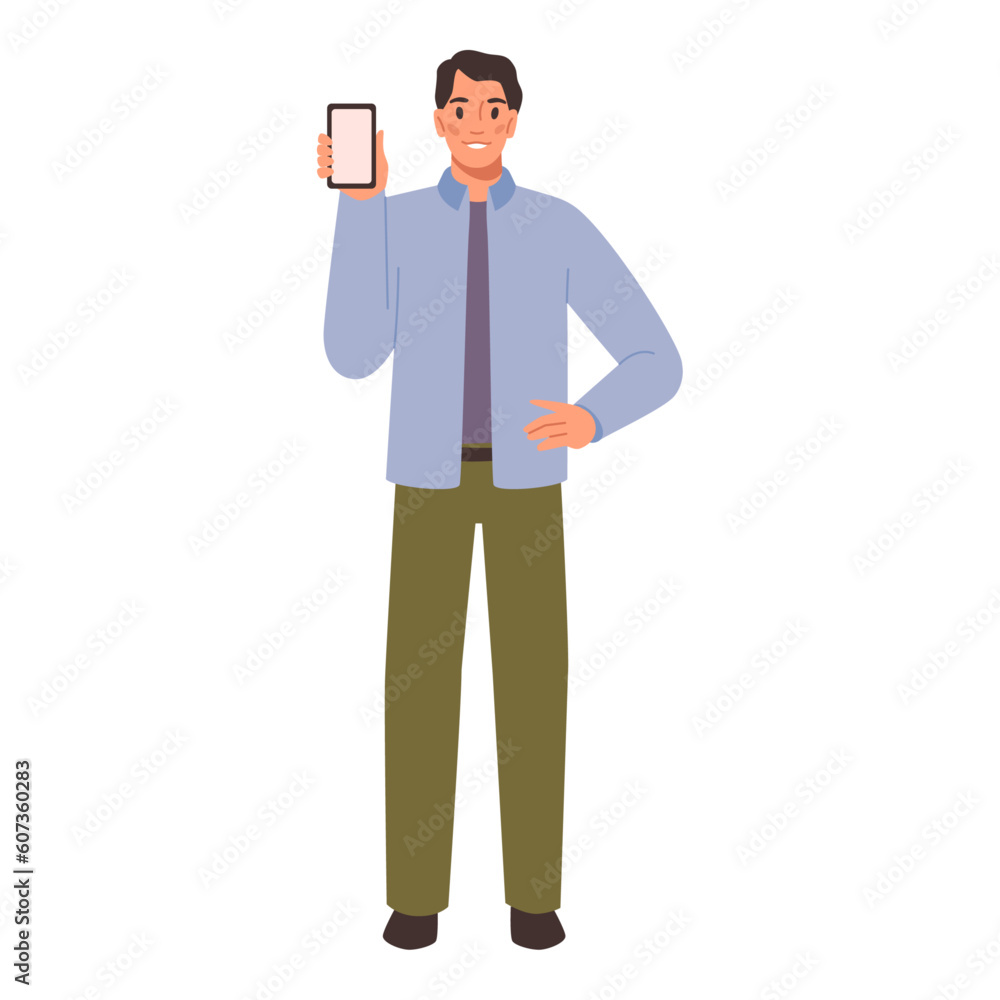 Poster young man show phone screen isolated flat cartoon character. vector male hold smartphone in hand, pr
