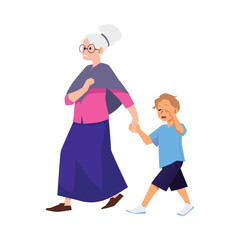 Grandmother and the boy are evacuated holding hands. Vector Illustration for emergency concept