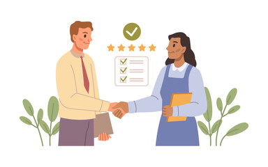 Businesswoman and businessman standing together and shaking hands. Job hire concept. Successful business deal or agreement. Project collaboration, two people formal meeting. Flat style vector