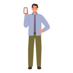 Young man show phone screen isolated flat cartoon character. Vector male hold smartphone in hand, presentation information in mobile application, show empty display