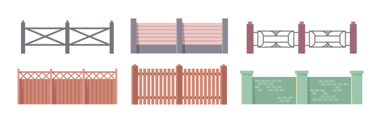 Fence icons set, park elements in flat cartoon style. Vector illustration of garden fences, wooden or brick railing, bakyard construction, home barriers