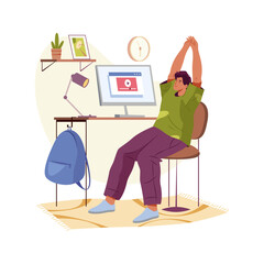Fototapeta premium Man stretches at workplace, employer stretching, flat cartoon vector illustration. Freelancer working from home or office, cartoon character doing small exercises at workplace to get rest