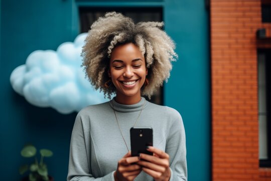 Distributed Cloud and Cloud Computing Modern Afro American Woman Smiling, Diversity in Tech