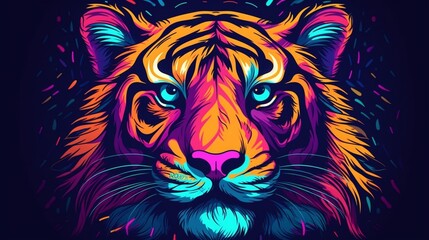 Psychedelic trippy tiger cartoon 70s, rave style, acid color. Retrowave concept. AI Generative