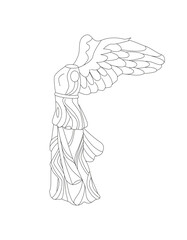 Ancient Greek goddess with wings Nike. Antique statue, sculpture.  Vector isolated on white background. Renaissance. Hand drawn line art. 