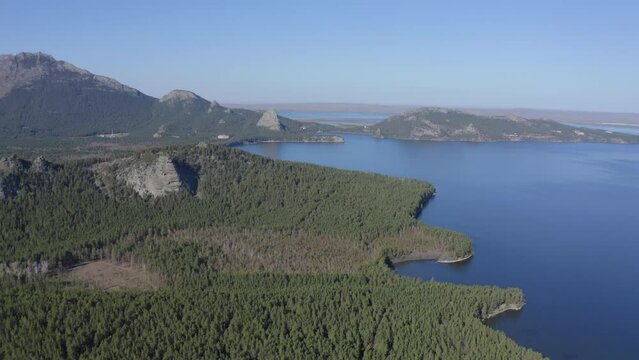 Aerial drone footage of the Okzhetpes Mountain and Borovoe Lake in Natonal park Burabay Borovoe , Kazakhstan
