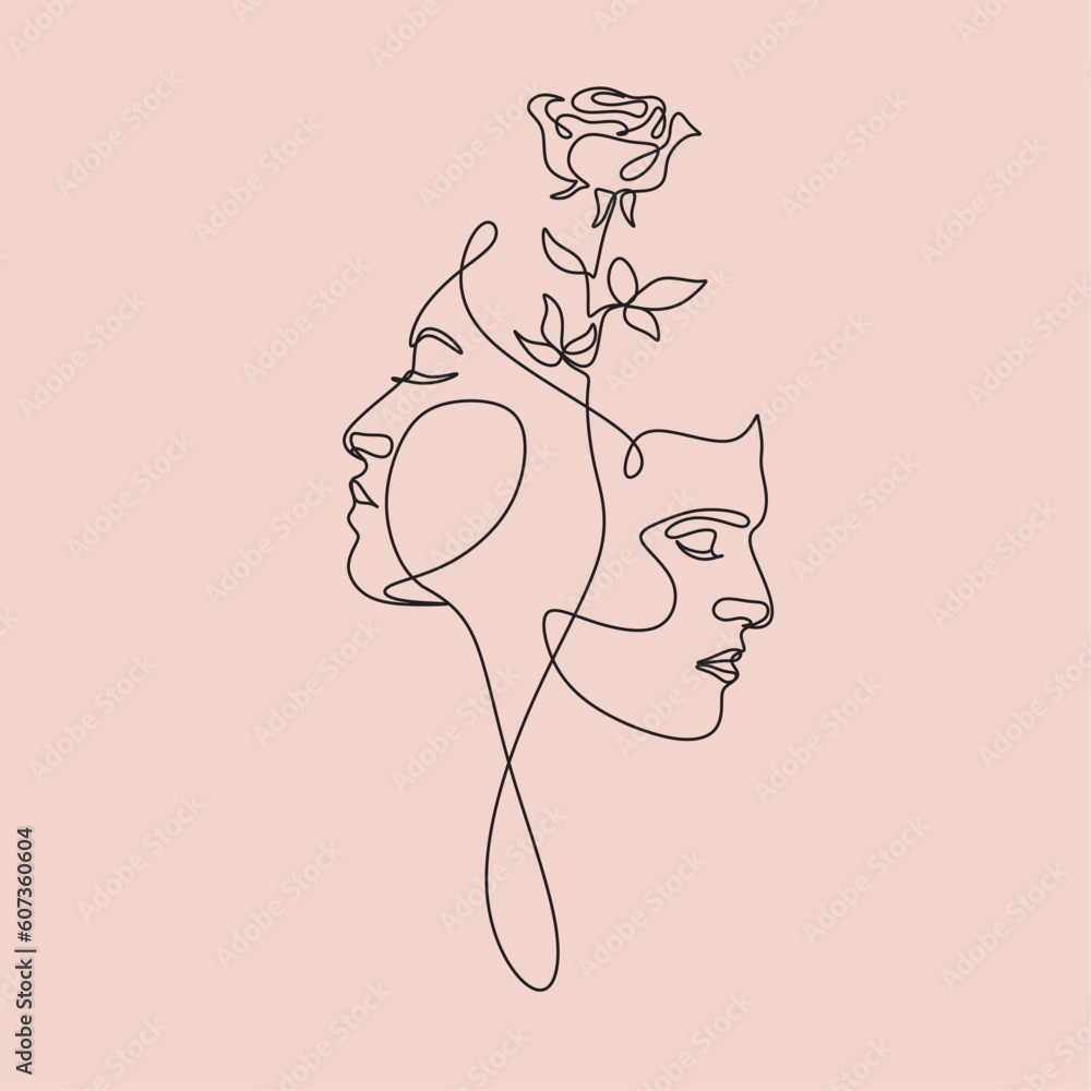 Wall mural couple kissing one line art. line drawing of man and woman in love. st. valentines day minimalist mo - Wall murals