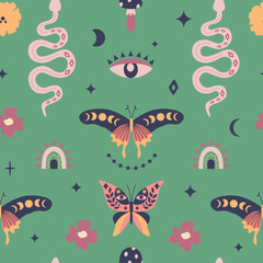 Mysterious garden, fairytale. Snakes, butterflies, retro flowers, mushrooms. Mystical symbols. Halloween. Bohemian floral seamless pattern, background. 