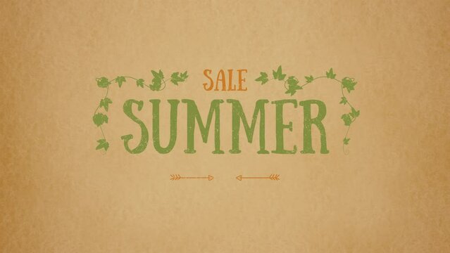 Summer Sale with green leaves and arrows on brown paper, motion promotion, summer and retro style background