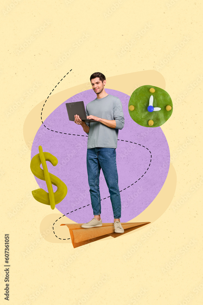 Poster Artwork collage poster of happy handsome successful man worker use modern netbook analyzing bitcoin isolated on drawing beige background