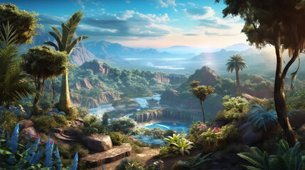 Fototapeta na wymiar Amazing view of a wide unknown Jungle from an exotic Planet with trees like palm some blue plant and flowers quiet river plus mountains and lakes with blue sunset sky - AI Generated