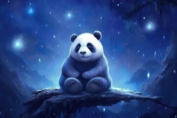 panda sitting under a starry night sky. dark blues and purples for the sky, the panda with a...