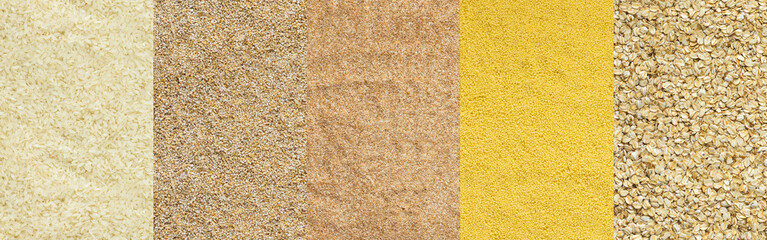 Various grain cereals banner, top view, white rice and wheat grits, couscous and oats