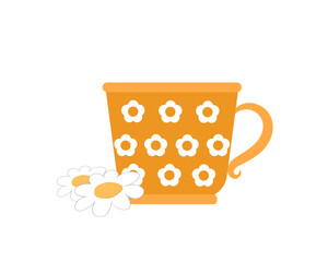 Mug of tea and chamomile bud isolated on white background. Vector icon