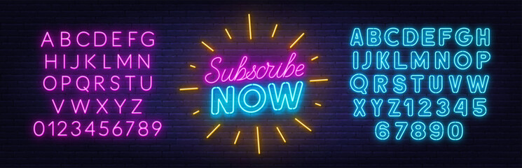 Subscribe Now neon sign on brick wall background.