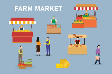 Fototapeta premium Farmer seller character selling fresh harvest fruit and vegetable at street marketplace stall 2d vector illustration concept for banner, website, illustration, landing page, flyer, etc.