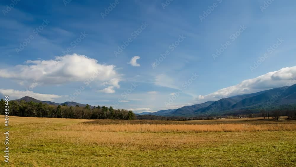 Poster time lapse view of cloudy blue sky over large pasture green fields and trees