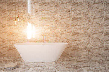 Naklejka na ściany i meble Scandinavian bathroom, classic vintage interior design. 3D rendering.. Sunset.