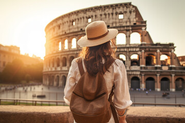 Plakat Young girl with backpack in a hat stands with her back and looks at the Colosseum in Rome in the sun.Travel Adventures. Close-up. Generative AI content.